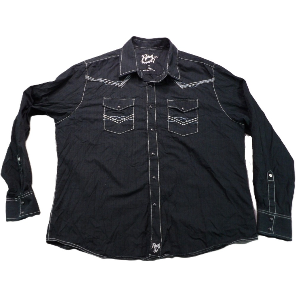 Rock 47 by Wrangler Men Western Shirt Black Button Down Long Sleeves XXL Cotton